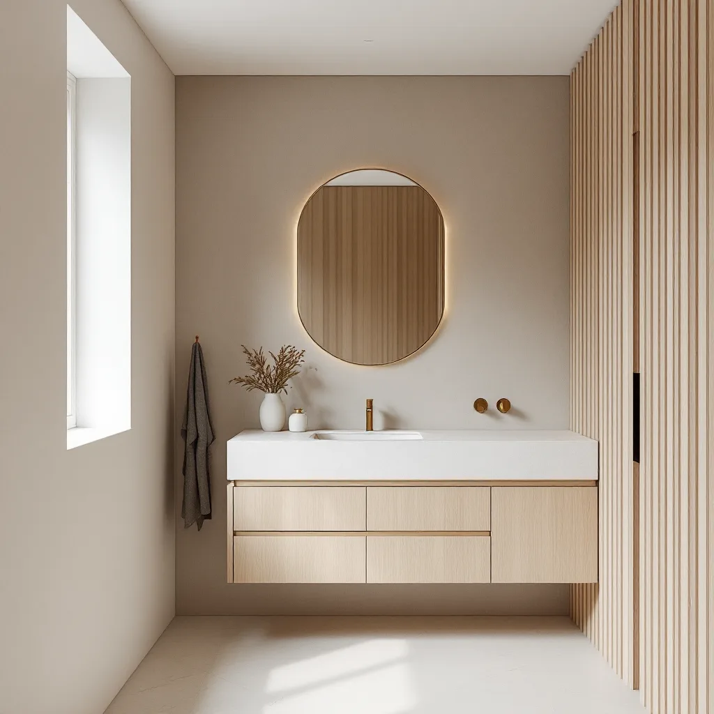 A calm bathroom with a banded gneiss vanity and oak slat wall