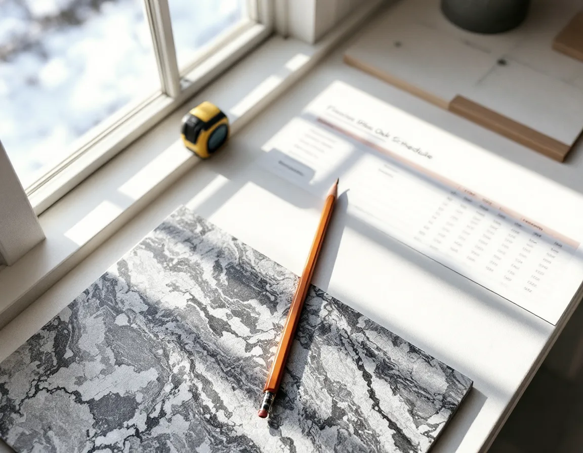 A desk with a tape measure, a gneiss sample, an oak board and a printed finish schedule