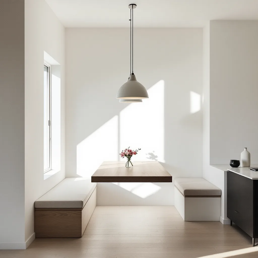 A symmetrical dining nook with an oak table and two pendant lights